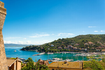 Porto Santo Stefano from the side of the Spanish fortress. Commune of Monte Argentario, Grosseto....