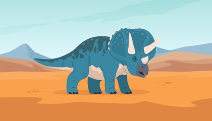 Prehistoric foot-and-mouth disease with horns on a desert background. Cartoon colored dinosaurs. Prehistoric cold-blooded foot-and-mouth disease. Extinct large animals. Vector illustration © Igor