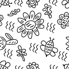 Poster Monochrome seamless pattern with doodle flowers and bees. Summer print for tee, paper, textile and fabric. Hand drawn vector illustration for decor and design. © Anna