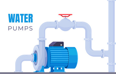 Water pumps with connected pipes. Pumping of water and liquids. Technical equipment for water stations. Water supply pipes. Vector illustrations