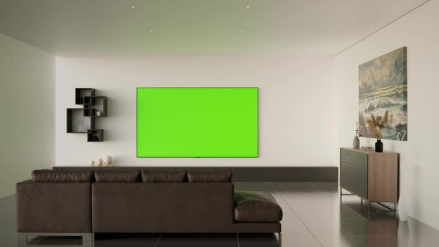  Modern room animation with furniture and a TV with a green screen