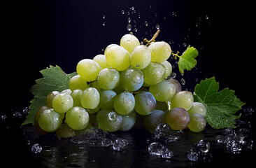 Green grapes with water drops on a black background. Close-up. generative AI