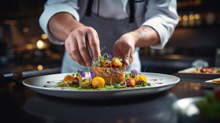Obraz na płótnie Canvas chef hand cooking food restaurant plate