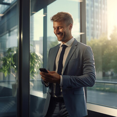 Fototapeta premium Successful businessman looking confident, smiling and using a smartphone