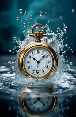 Pocket watch in water with water drops on it. Time concept. generative AI