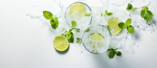 Mojito cocktail photographed from above on a light background with ice, mint, and lime, with space...