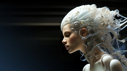 mesmerizing and utopic portrait of a otherworldly woman, surreal translucent and dystopian alien queen made of glass, fictional person created with generative ai