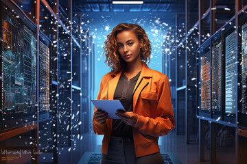 Big data center female chief technology officer using tablet PC. Standing In warehouse, activates...
