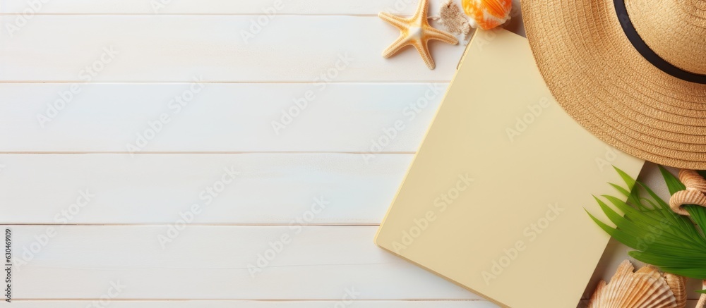 Poster A writing book with summer beach accessories on the background is shown in a flat lay style. copy space available for writing or adding any text.