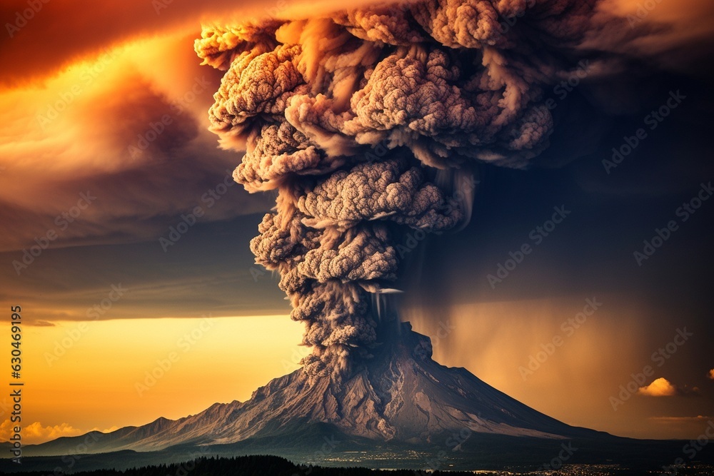 Poster a working volcano with clouds.