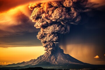 A working volcano with clouds.