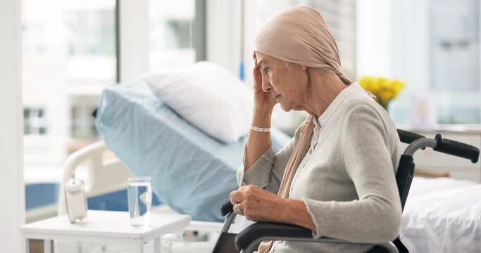 Cancer, Parkinson and angry elderly woman at hospital in wheelchair frustrated after chemotherapy or treatment. Health, elderly care and lady patient with disability, sick or disease and depression