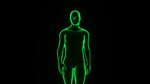 Animated character of a man walking on a black background.