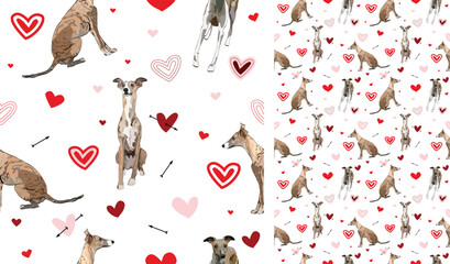 Whippet breed dogs with Valentine's day white hearts on a grey backgruond. Love doodles hearts with pets holiday texture. Square background, repeatable pattern. St Valentine's day wallpaper.