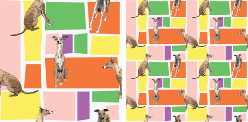 Summer bright wallpaper with Whippets. Holiday abstract shapes square seamless mosaic, repeatable pattern. Birthday wallpaper, Christmas present, print tiles. Simple Violet puzzle with dogs, pet art.