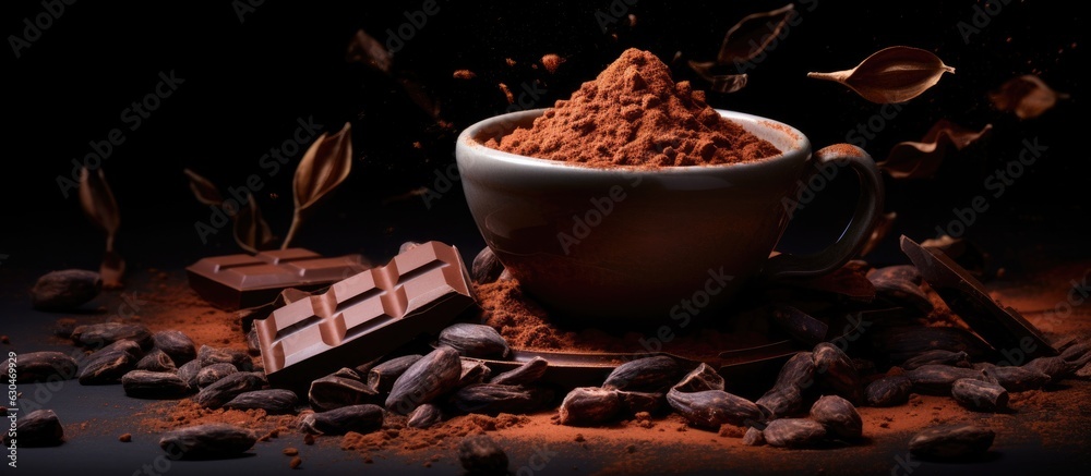 Aufkleber the idea of chocolate and cacao is illustrated by a bowl of cocoa powder, alongside cocoa beans and 