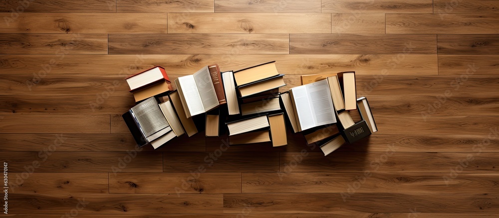 Poster Empty copy space is provided on a wooden floor with various books standing on it, creating a back-to-school concept. The background is brown wood parquet