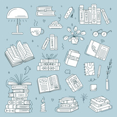 Doodle book collection. Educational Vector illustration, books set icon on dark background. Stack of books, lamp, vertical books. Reading books concept. World book day. Minimalism, monochrome
