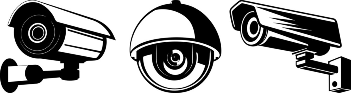 Security surveillance camera black silhouette logo vector set