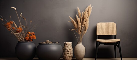 Design for Living Room Interior with Empty Space, Dark Toilet, Dried Flower Vase, Wall Decoration, and Chic Personal Accessories. Home Decoration. Sample.