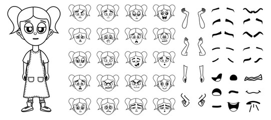 Girls constructor on a white background in cartoon style. Vector stock illustration. Flat character. Set of heads, hands, eyebrows and mouths. Character. Human