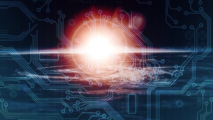 Abstract globe with digital communications in sky.