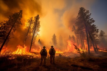 silhouette of firefighters against the backdrop of a burning forest.
