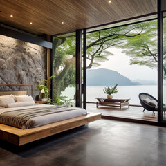 Minimalist interior design of modern bedroom with terrace with beautiful lake view.