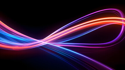 3d render. Abstract neon wallpaper. Glowing dynamic lines over black background. Light drawing trajectory. Fluorescent ribbon