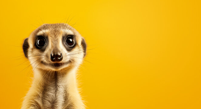 Cute meerkat or suricate mongoose with happy positive smiling expression. Wide banner copy space on side. Generative AI