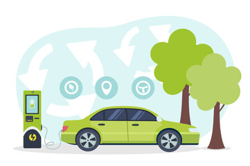 Eco green car charging concept. Susatinable lifestyle and care about nature, reduction of waste and CO2 emissions into atmosphere. Poster or banner for website. Cartoon flat vector illustration