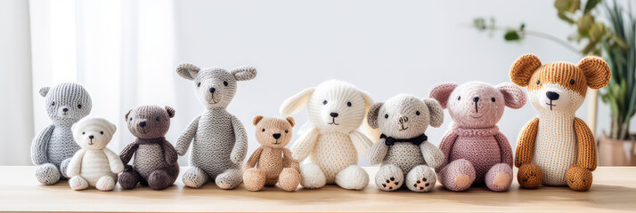Cute children's wool yarn toys stand in a row, light pastel colors, copy space. Different Handmade toys in a line.