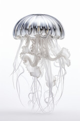 Glass translucent white jellyfish with dangling diamonds isolated on a white background. Vertical format. 3d render illustration style