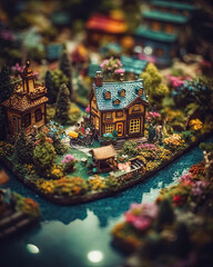 Cute little fairy houses captured in tilt shift style shallow with depth of field