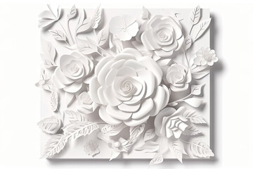 White paper art cut flowers, floral background, wedding card. Greeting card template