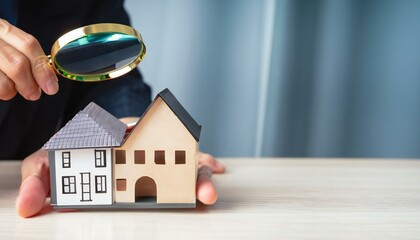Man Hand holding magnifying glass and looking at wooden house model, Real estate search concept, purchase and sale of housing, rent, insurance.