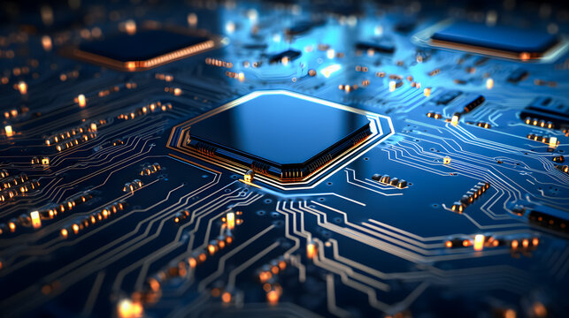 a microchip on a motherboard, futuristic concept of a new processor technology (generative AI)