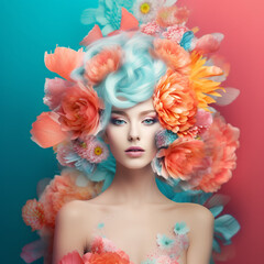 Fashion portrait of Beautiful young woman with creative composition from feathers and  flowers on her head, ai generated image. Beauty, Fashion. Art portrait. Spring and summer concept.3d render