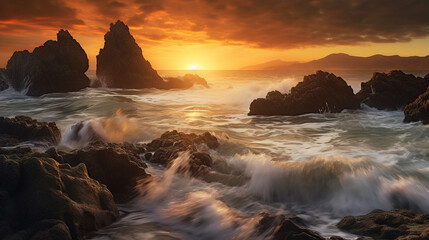 Fantastic sunrise over sea. Dramatic scenes. Beauty world. Beautiful seascape at sunset. Beauty nature. Beautiful summer seascape while sunset with crashing waves into coastal rocks. AI generated