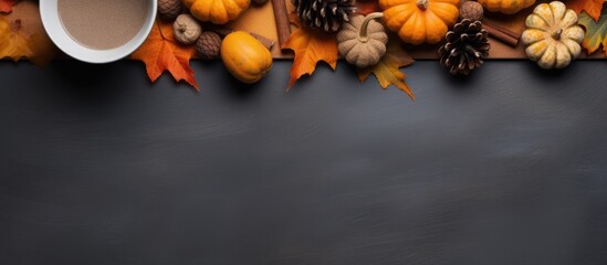 A cozy flat lay image of an autumn-themed frame filled with natural pine cones, pumpkins, dried leaves, and a pumpkin latte on a dark grey stone surface. This fall and Thanksgiving background offers - obrazy, fototapety, plakaty