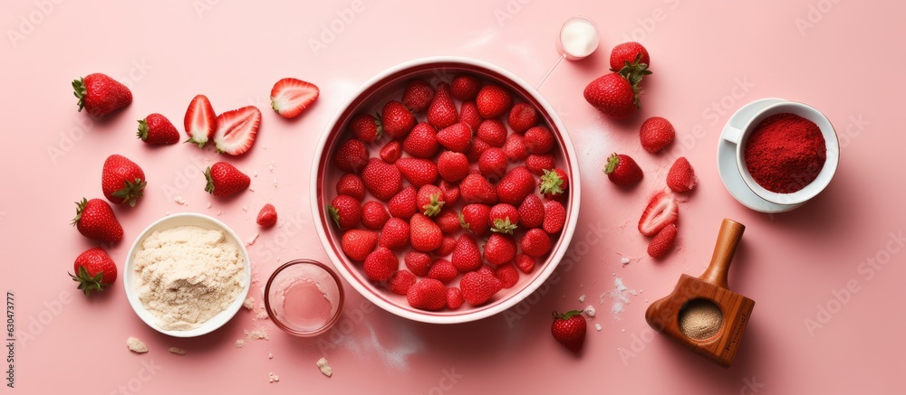 Aufkleber flatlay composition of ingredients and utensils for creating a homemade strawberry pie, featuring dough preparation on a pink background with available space for text.