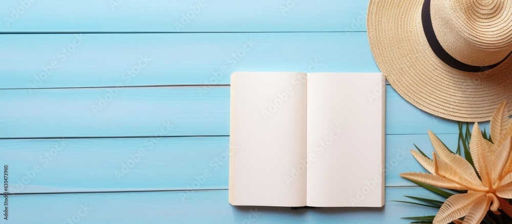 Poster a flat lay of a blank writing book with summer beach accessories in the background. copy space avail