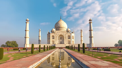 Obraz premium Taj Mahal in Sunlight White Marble Palace and Mosque with a Blue Sky of the Iconic Monument AI Generated