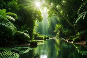 a rainforest canopy, where sunlight filters through dense foliage and raindrops create a shimmering effect on the vibrant green leaves - AI Generative