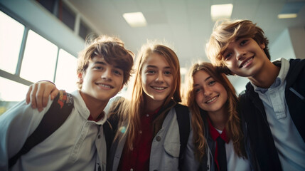 Fototapeta na wymiar happy teenage students or friends in school. Generative AI