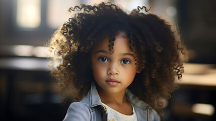 Portrait of little curly girl in school. Generative AI