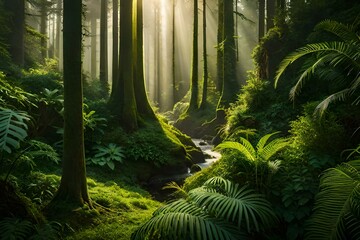 a rainforest canopy, where sunlight filters through dense foliage and raindrops create a shimmering effect on the vibrant green leaves - AI Generative