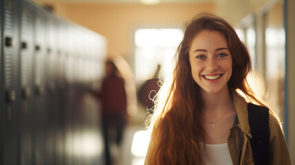 Portrait of a young teenage girl in school at the locker-lined hallway. Generative AI