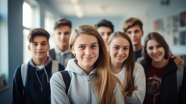 Happy Teenage Students Or Friends In School. Generative AI