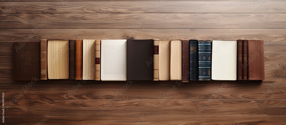 Poster different books are arranged on a wooden floor, with a brown wood parquet background. empty space av